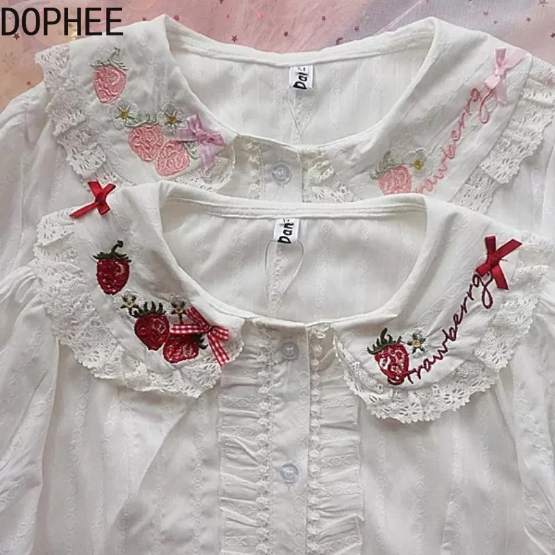 All-match Strawberry Embroidery Short Sleeve Women Blouses Sweet Lolita Shirts Elegant Lace Peter Pan Collar Students Basic Top