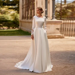 Customized Ivory Satin Wedding Dresses O Neck Long Sleeves Applique Elegant Button Back Bride Dresses Court Train Robe De Mariée