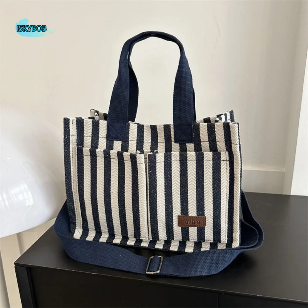 

Casual Large Capacity Stripe Canvas Tote Bag Simple Korean Style Shoulder Bag Portable Fashion Cloth Handbag All-match
