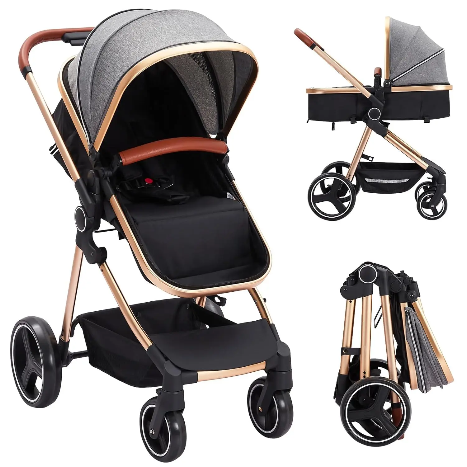 Pram, 3-in-1 Buggy, Travel Systems, Combination Pram, Gold Baby Pram, High Landscape, Foldable Pram Set