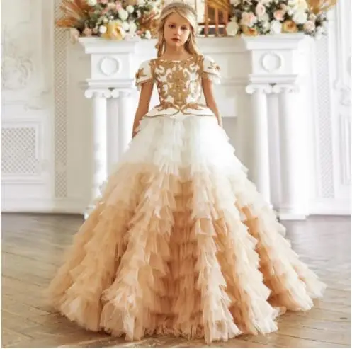 

Champagne Flower Girl Dresses Cap Sleeves Tiered Golden Appliques Princess Birthday Pageant Gown Robe De Demoiselle