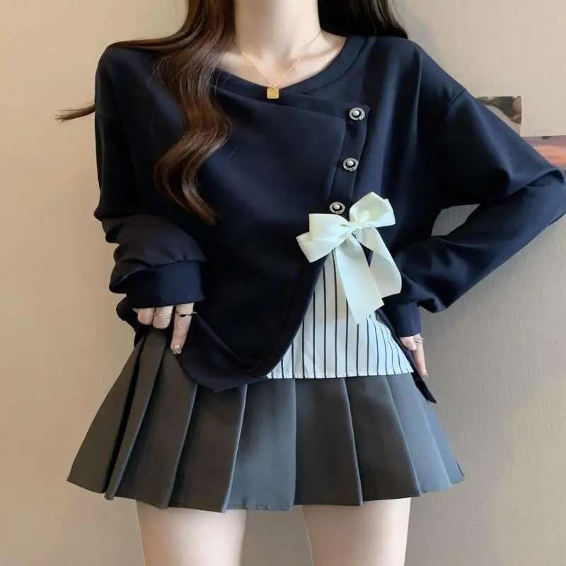 

Women's Fake Two Piece Long Sleeve Sweatshirt Tops Cotton Blend For Plus Size Women Autumn 2025 New Retro Bow Slimming Cover Fat