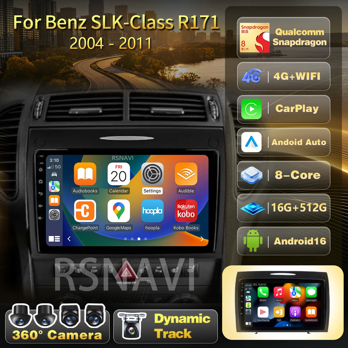Tela 2K Android 16 Carplay Auto para Mercedes-Benz SLK-Class SLK Class R171 2004 - 2011 Rádio Automotivo Multimídia com Câmera 360