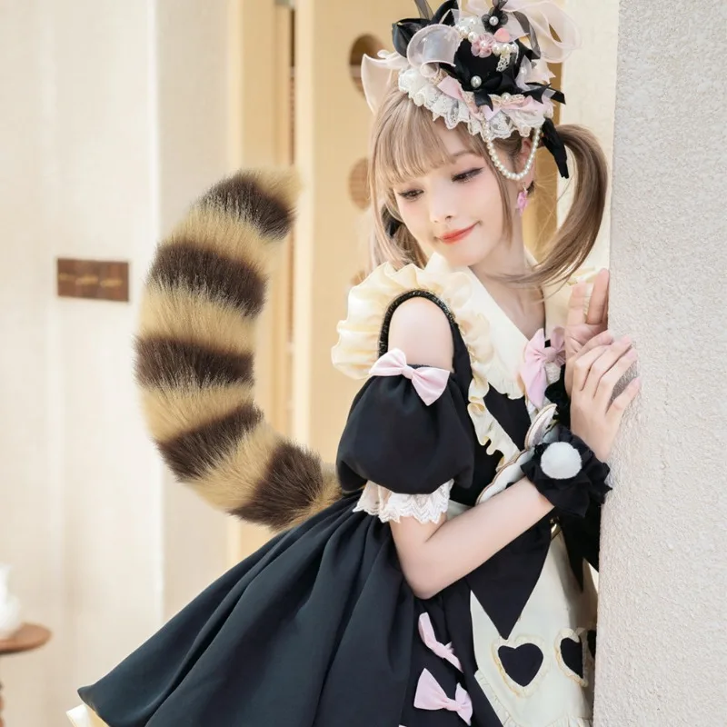 Striped Raccoon Style Plush Tail Adjustable Buckle Belt Fluffy Animal Tail Cosplay Halloween Furry Costume Prop