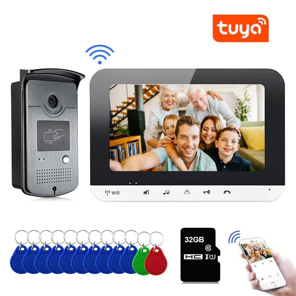 Tuya Smart WiFi Video Intercom System 7 Inch MonItor Video Door Phone Waterproof RFID Keyfob Camera Support TF Card Record