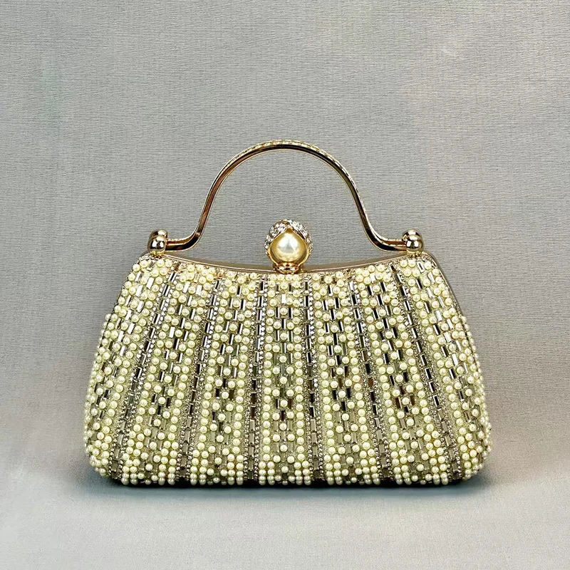 

Exquisite Rhinestone Diamond Evening Bag for Women Luxury Sparking Pearl Metal Handle Clutch Bag Shiny Dress Party Handbag Chain
