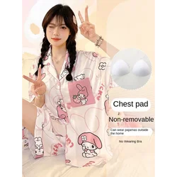 Sanrio New Melody Silk Pajamas Women's Cute Cartoon Casual and Comfortable Cool Breathable Home Pajamas with Chest Pad Suit