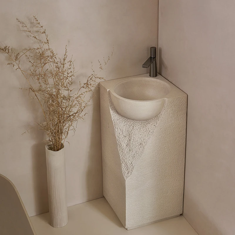 Silent cream wind column basin floor-standing integrated art sink stone creativity