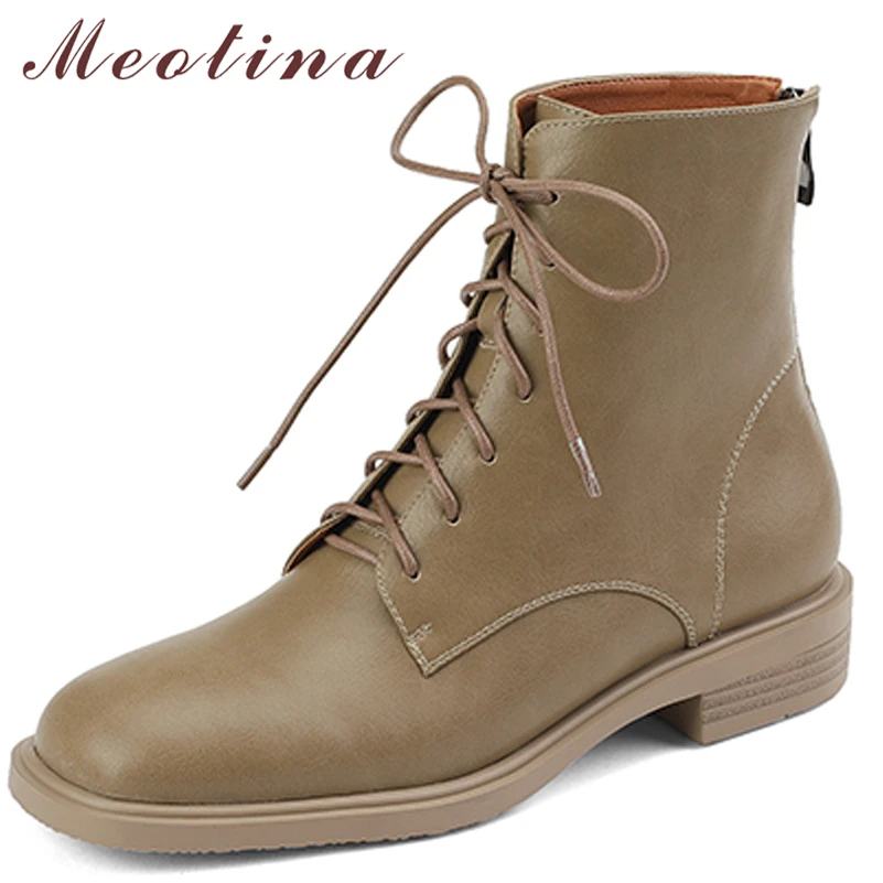 Meotina Women Genuine Leather Ankle Boots Square Toe Flat Zipper Lace-up Ladies Fashion Short Boots Autumn Winter Shoes Apricot