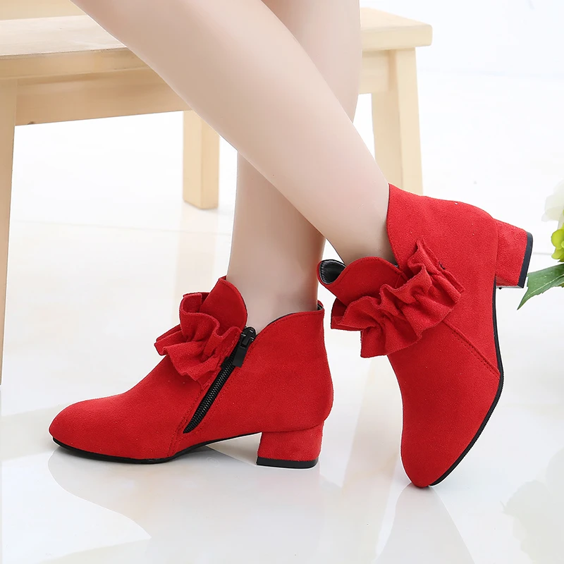 Sweet Baby Girls Autumn/Winter Fashion Single-Level Pointed Toe Warmth Increased Zip Square Heel Casual and Comfortable Boots