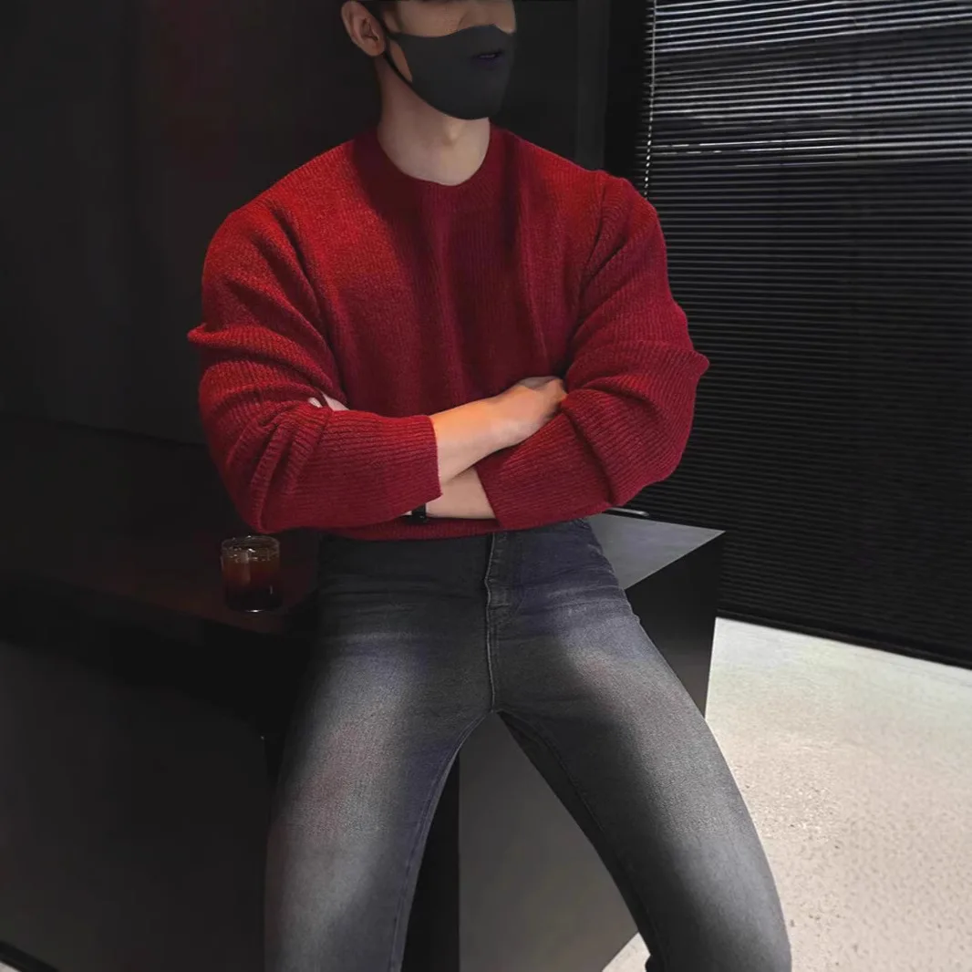 Red Core-Spun Slim Knit Sweater Men's Casual Base Layer Top