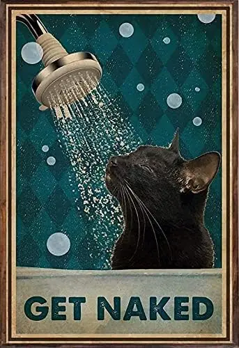 Shower Cat Retro Metal Tin Sign, Black Cat Undress Shower Soap Bubble Poster Vintage Toilet Cave Bar Home Bathroom Wall Decorati