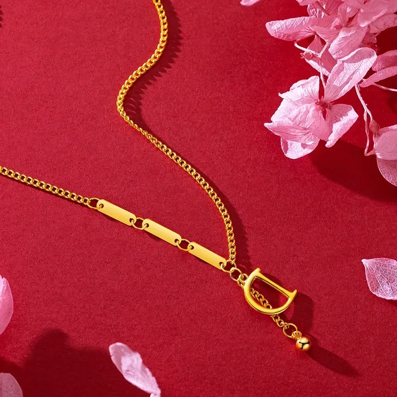 

9999 Real Gold 24K Fashion Trend English Letter D Set Chain ins Wind D Necklace Women's