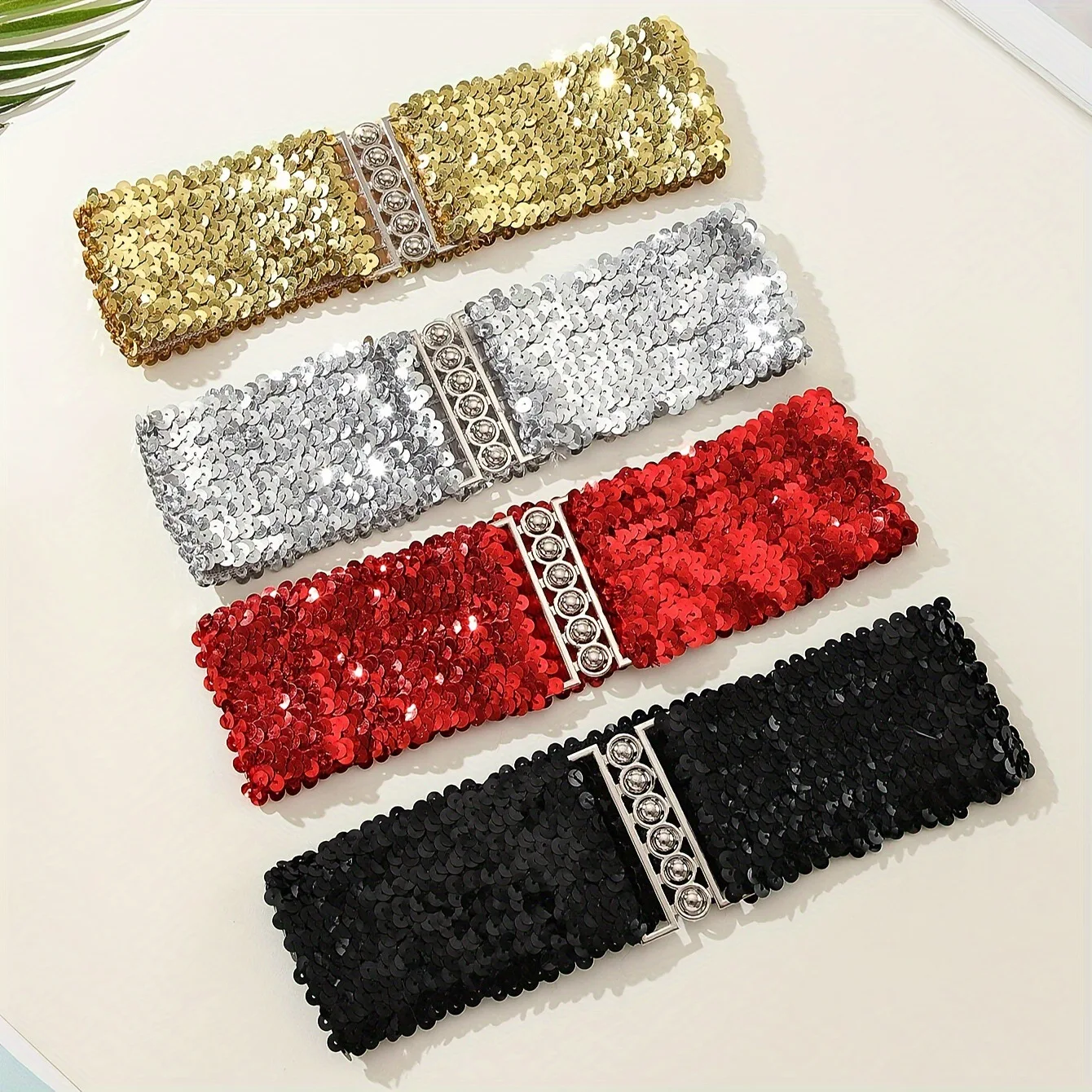 1pc-2pcs-スパンコール弾性グリッターベルト女性のコルセットワイドウエストベルトバックルウエストバンド装飾コルセットストラップパーティードレスアクセサリー