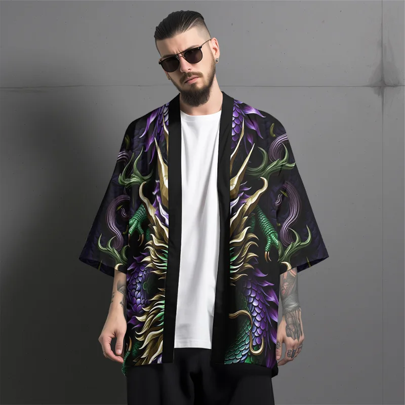 سترة هاراجوكو مطبوعة بالتنين كيمونو ملابس الشارع للرجال والنساء سترة كوسبلاي هاوري يوكاتا للشاطئ على الطراز الياباني مقاس كبير