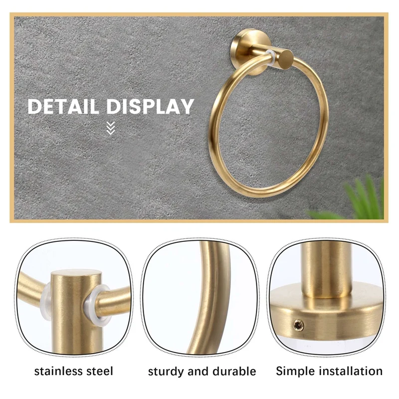 Aço inoxidável Wall-mounted Round Towel Ring Rack, Gold Towel Holder, Rack de banheiro, Acessórios de armazenamento de cozinha