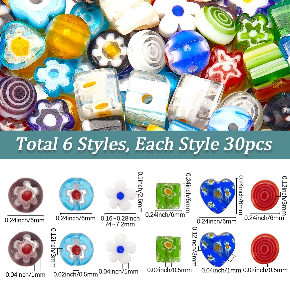 1 Box 6Styles 180PCS Mixed Millefiori Handmade Lampwork Glass Beads with Holes Assorted Flower Heart Flat Round Shape Cube Loose