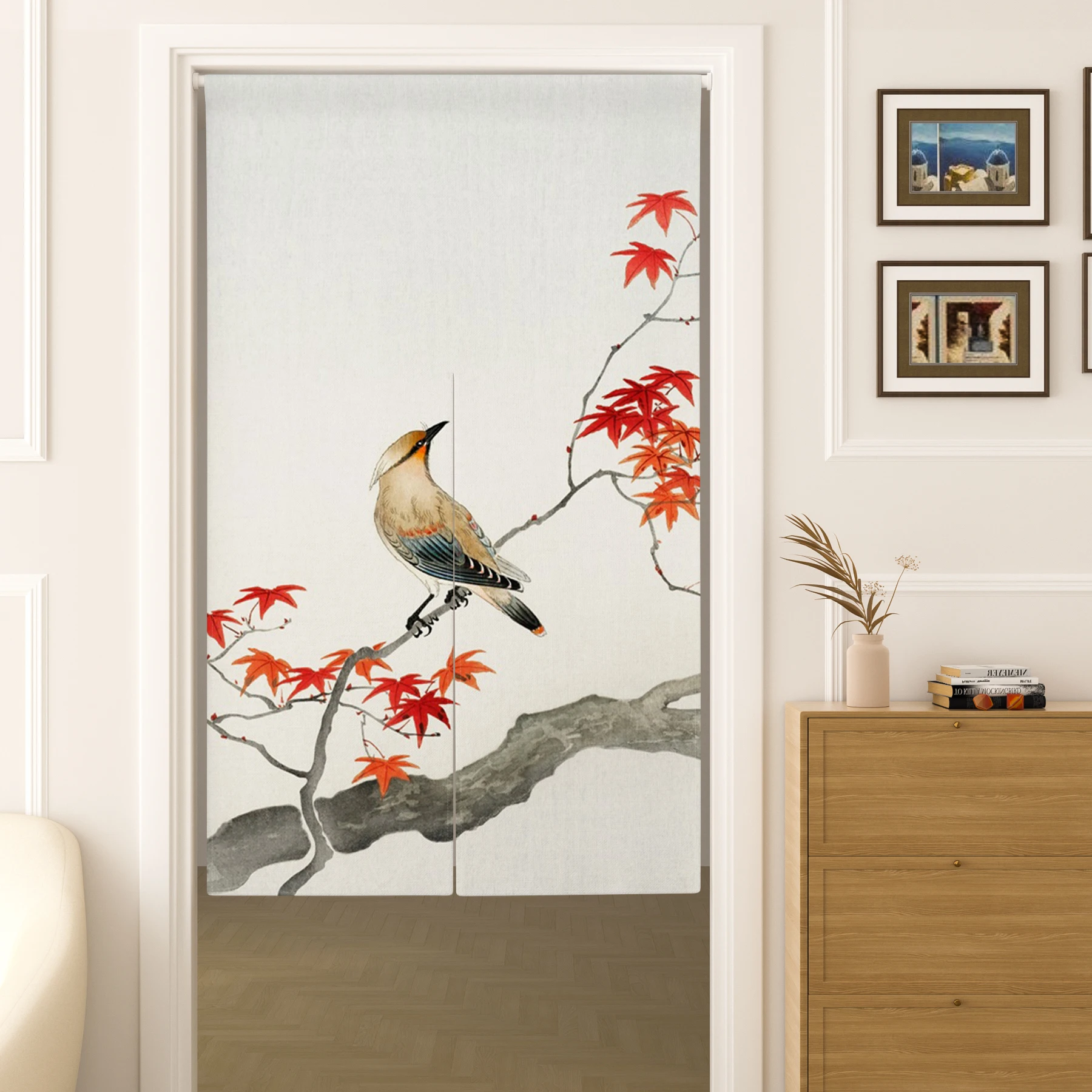 Chinese Painting Style Door Curtain Blossom Birds Koi Fish Pine Branch Japanese Curtains Partition Living Room Bedroom Curtain