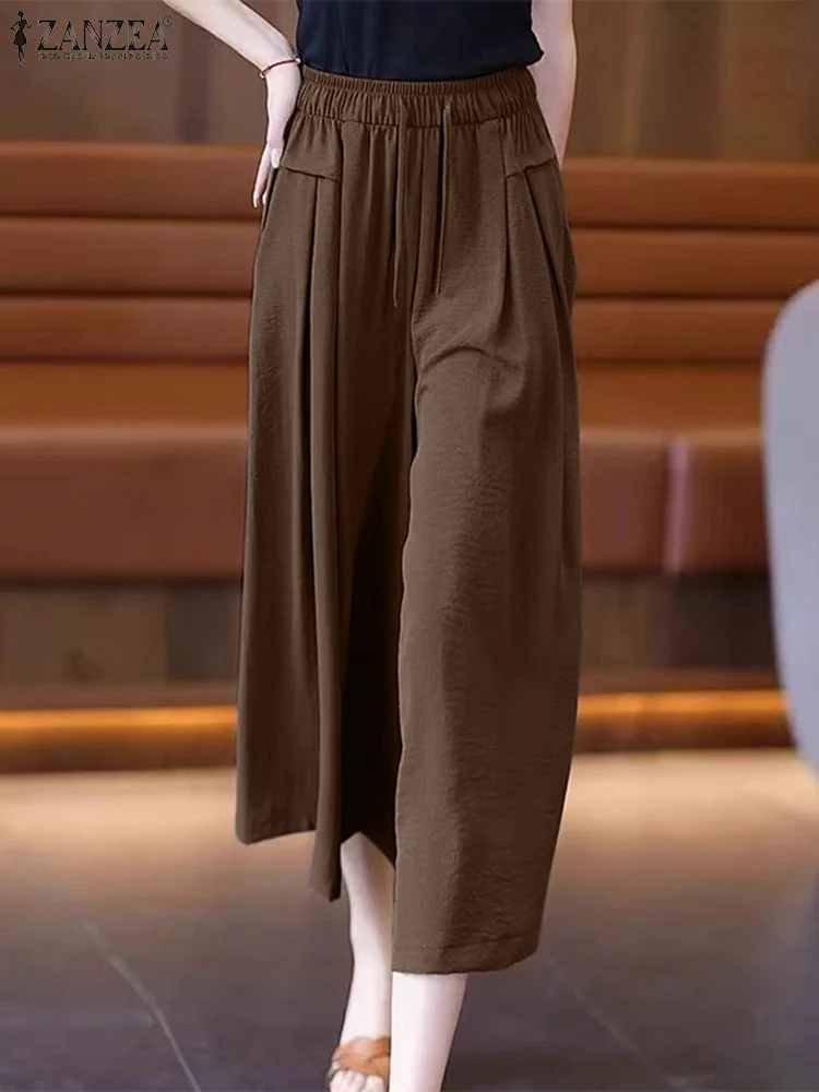 

ZANZEA Women Elastic Waisted Pantalones Korean Wide Leg Pants 2024 Autumn Solid Color Nine Trouser Casual Loose Pockets Bottoms