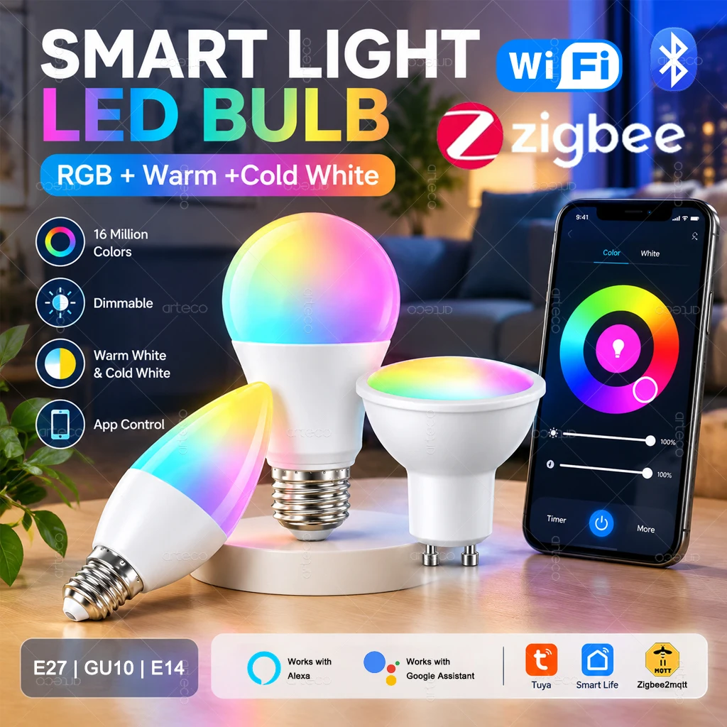 Tuya E27 GU10 E14 Bulb Zigbee/WiFi/Bluetooth Smart Dimmable LED Light Lamp RGBCW Works with Alexa Google Assistant Voice Control