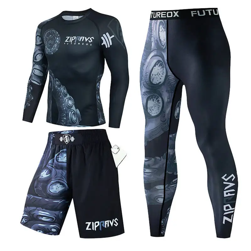 3 Pcs Men's Muay Thai Men MMA Kickboxing Sport Suit BJJ  T Shirts Rash Guard Fitness Tracksuit Boxing Jersey Gym Running Set 86