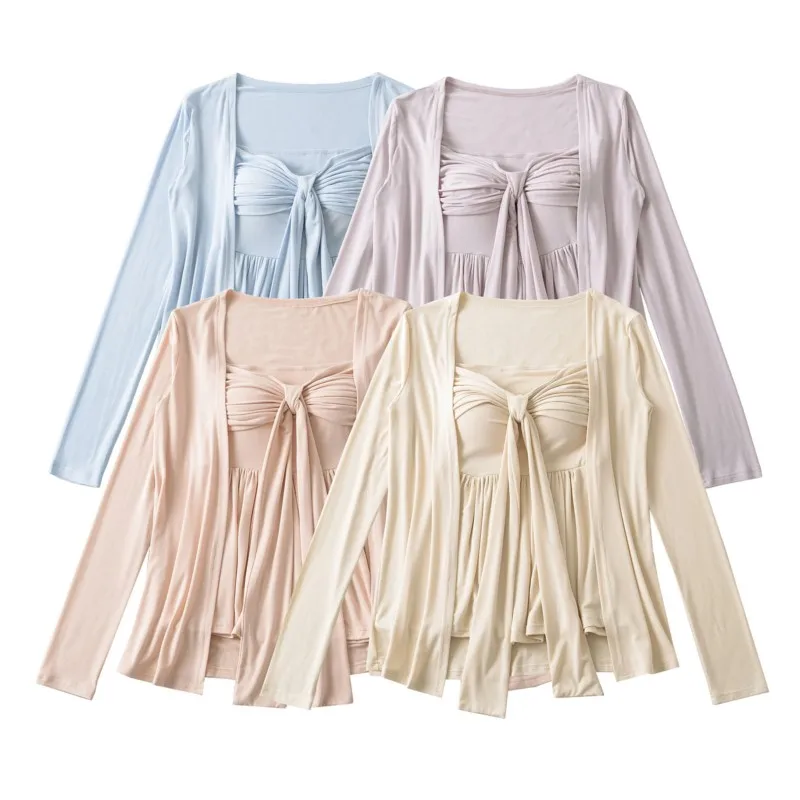 

Women's 2026 Summer Loose Long-Sleeve Sun-Protective Cardigan Set 2-Piece Outfit Ribbon Crop Camisole Versatile Beach Daily