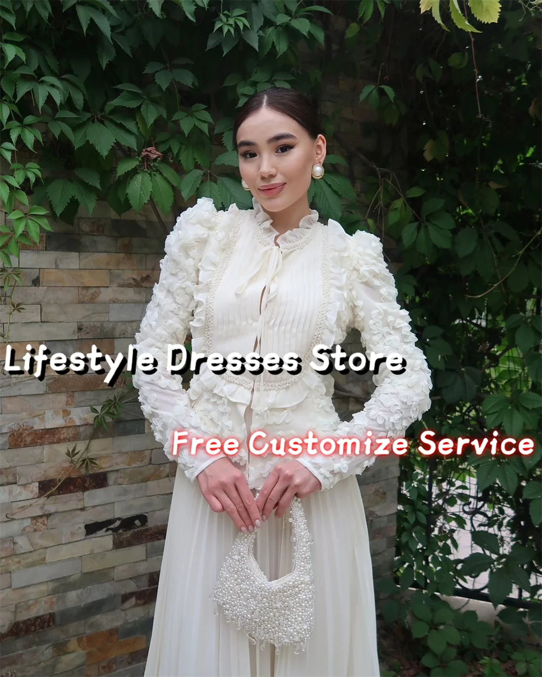 Vintage Pearls Ruffles Evening Dresses Long Sleeves A-Line Chiffon Elegant Prom Dresses 2 Piece Wedding Formal Party Gown