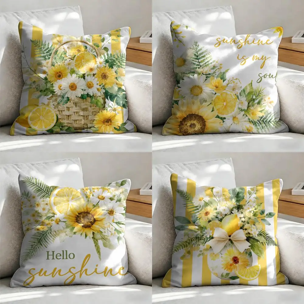 Daisy Lemon Fresh Theme Cushion Cover Soft Short Plush Pillow Cover Smooth Cozy Texture Aesthetic Cushion Case Home Decor