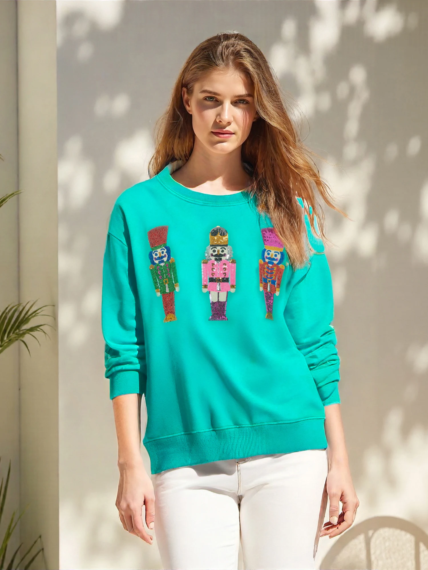 المرأة ربيع الخريف فضفاض البلوز طويلة الأكمام Crewneck الجندي سانتا قبعة طباعة البلوز