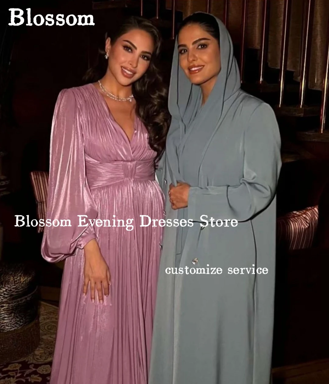 V-neck Puff Long Sleeves Elegant Women‘s Evening Dresses For Prom Glossy Satin A-line Wedding Party Gown فساتين مناسبة رسمية