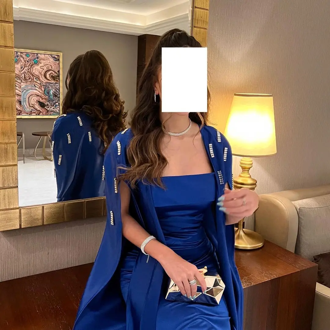 Robe de Rhsans bretelles vintage avec veste, robes d'occasion formelle, perles bleues royales, robes de soirée de tempérament