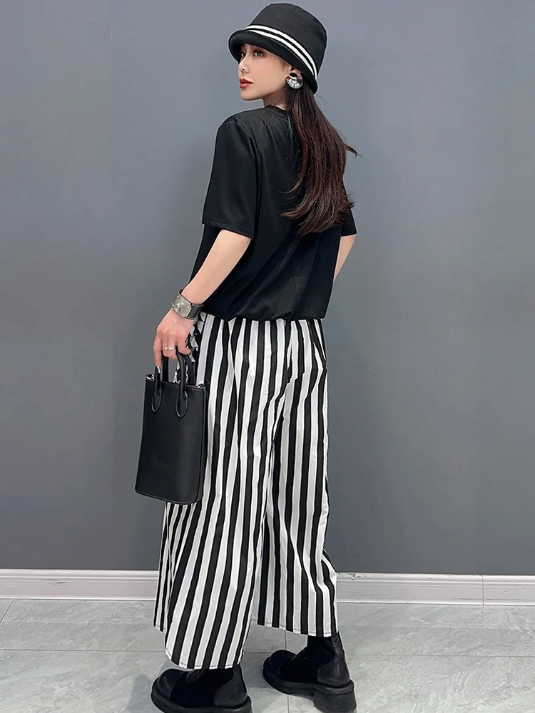 SHENGPALAE 2024 Spring New Casual Set Classic Black White Stripe Short Sleeve T-shirt Wide Leg Skirt Pants 2 Piece Set 5R9658