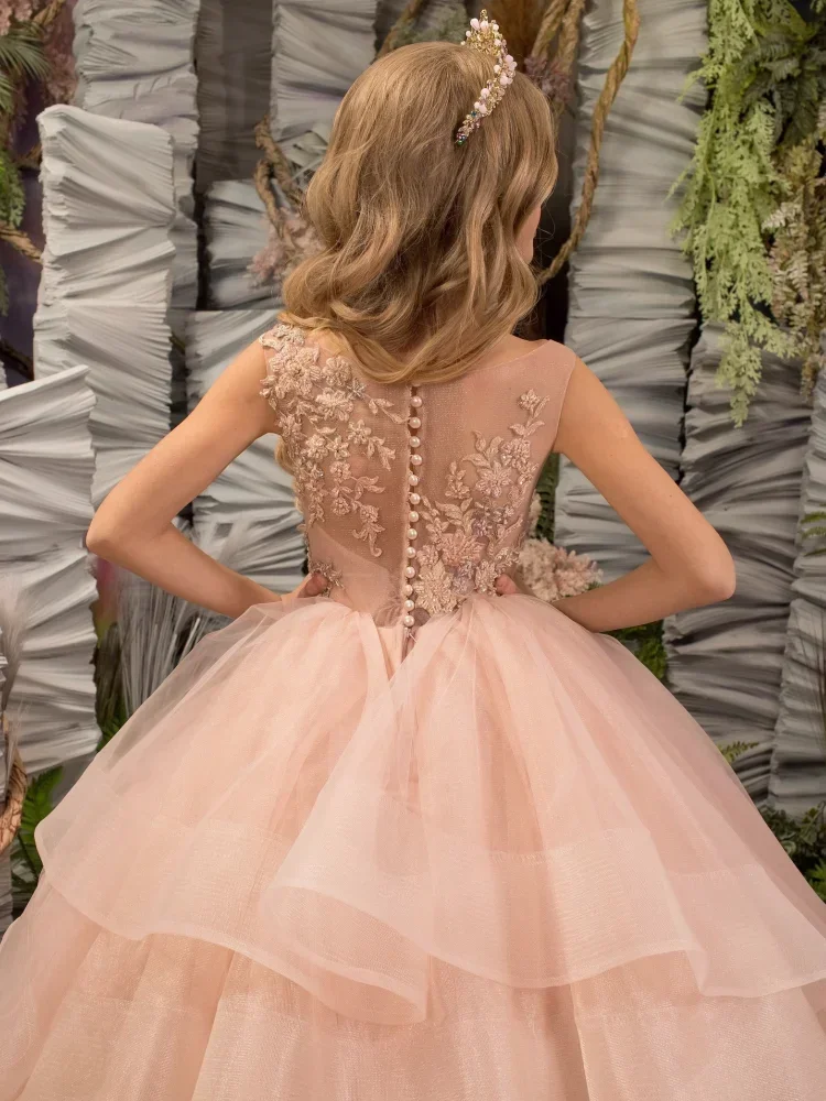 Quality Flower Girl Dress Gorgeous Pink Tulle Puffy Appliques for Wedding Little Kids Birthday Party Banquet Princess Gowns
