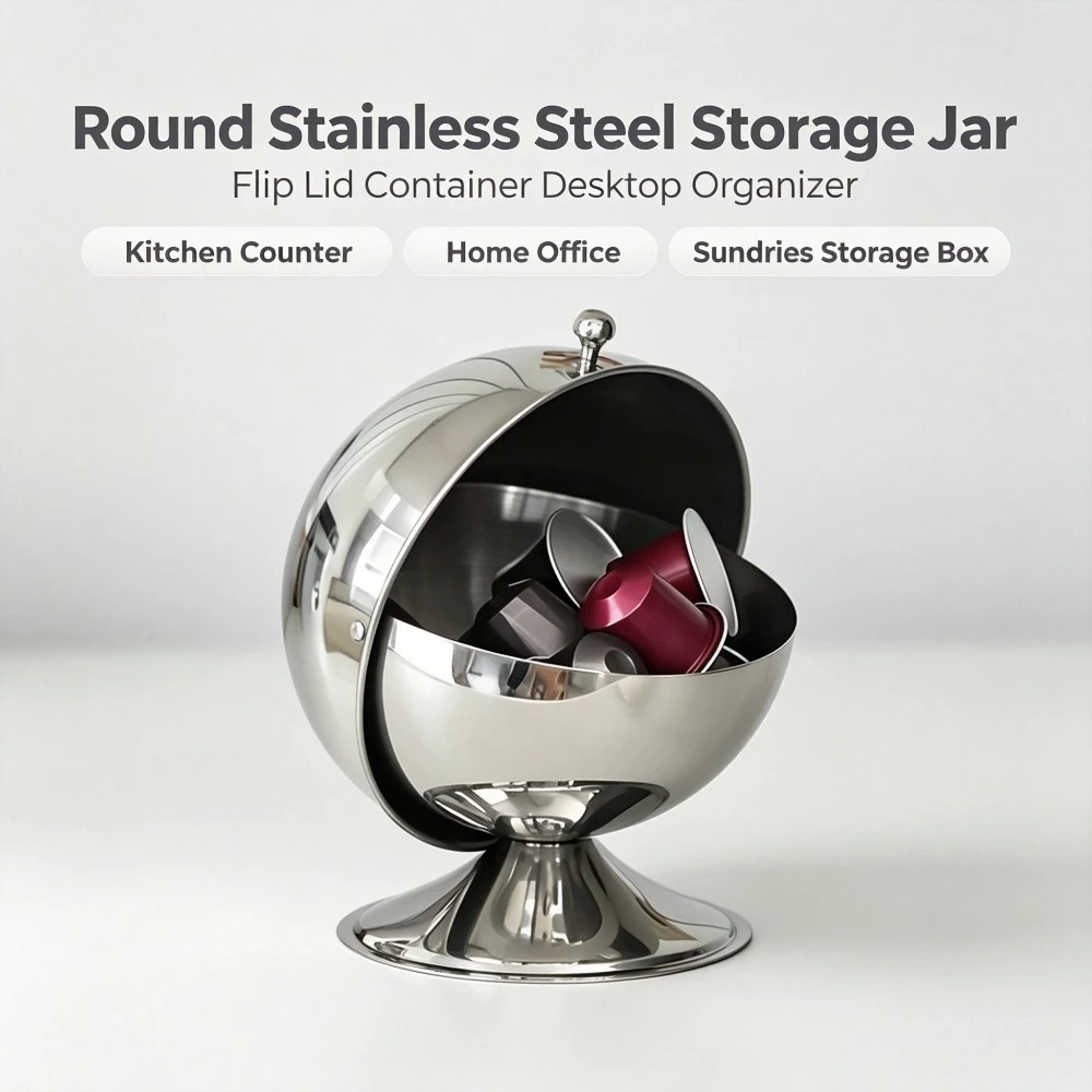 Round Stainless Steel Storage Jar Flip Lid Container Desktop Organizer for Kitchen Counter Home Office Sundries Storage Box