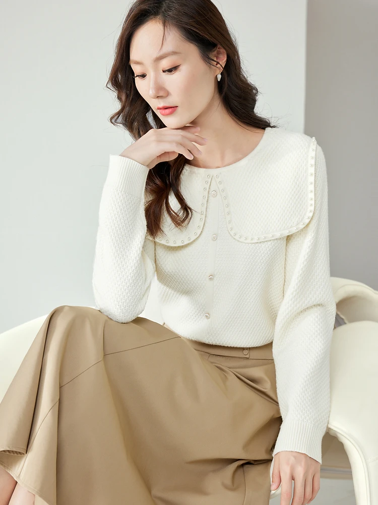 Vimly Beading Peter Pan Collar Pullover Sweaters for Women 2023 Autumn New In Knitwear Relaxed Fit Long Sleeve Knit Tops 72239