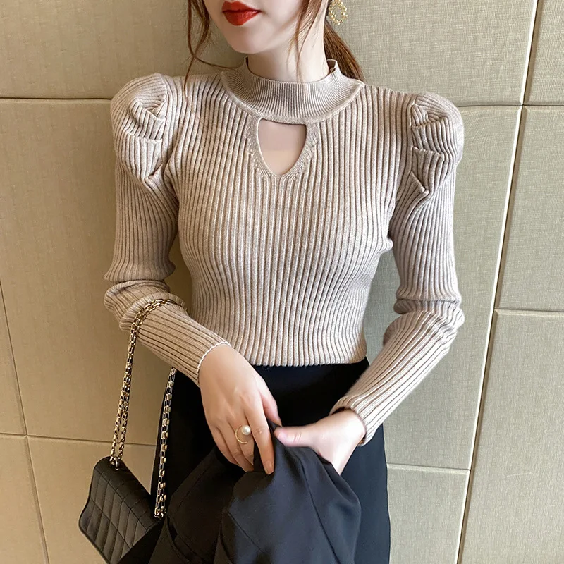 

Korean Fashion Half High Collar Chic Hollow Knitted Pullovers Women 2023 New Solid Color Sweater Multicolor Bottoming Blouses