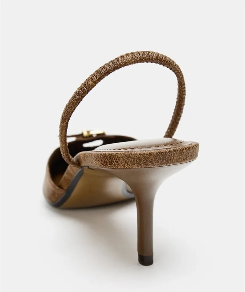 المصممين الفاخرة عالية الكعب للنساء فريدة من نوعها مشبك معدني مجوف تزيين رقيقة صنادل عالية الكعب خمر البني Zapatos De Mujer #4