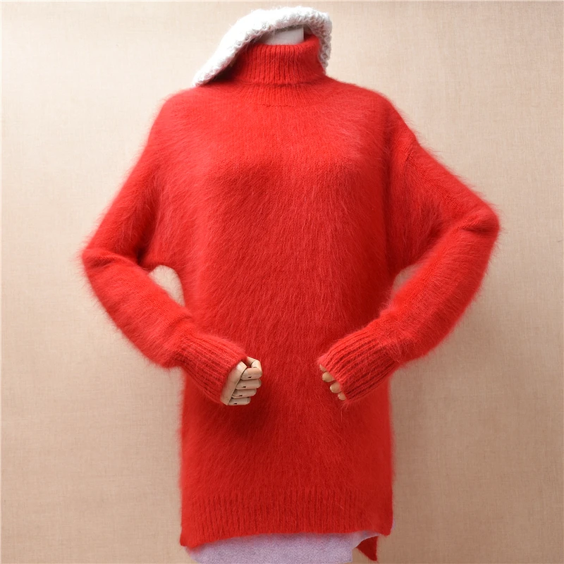 04 Ladies Women Fall Winter Clothing Red Hairy Angora Rabbit Hair Knitted Turtleneck Split Slim Blouses Pullover Sweater Dress