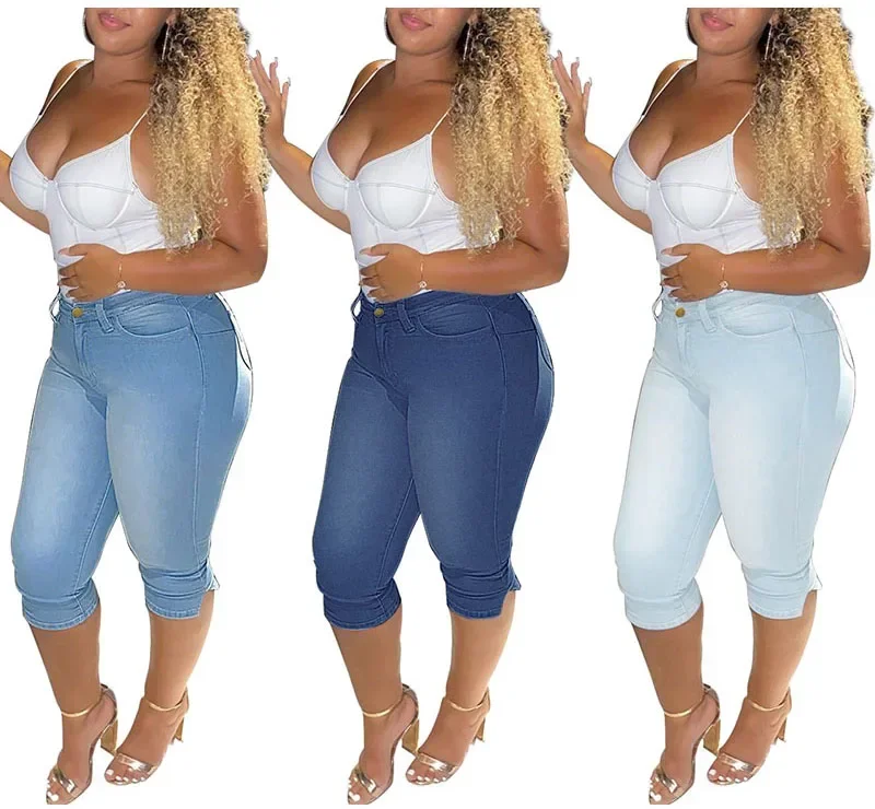 Plus Size Vintage Mittelblau Dehnbar Skinny Knielang Distressed Mom Jeans Reithose Denim Jeggings Hose 3/4 Leggings Capris 5XL