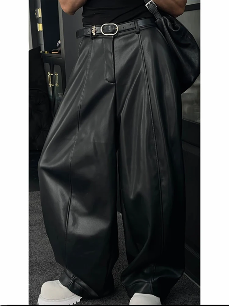 

Повседневные широкие брюки из искусственной кожи с ножом, мужские зимние модные брендовые однотонные модные повседневные брюки свободного покроя