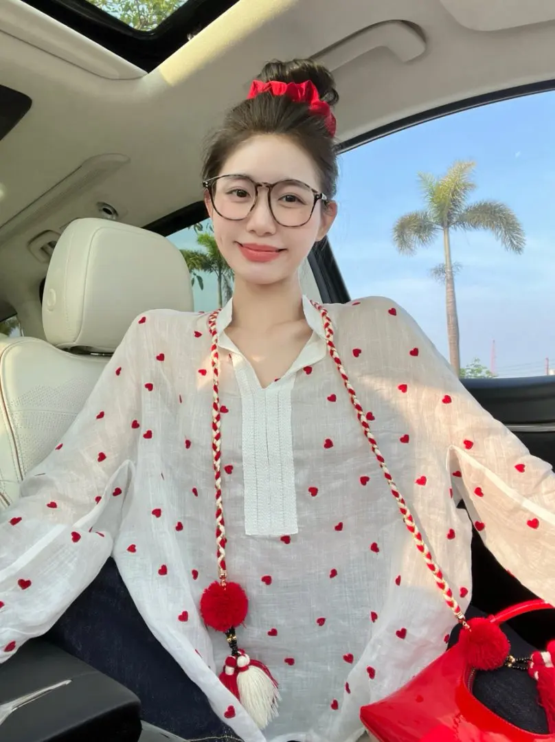 Słodka Dziewczyna Białe Serce Grochy Frędzle Tkana Lniana Damska Letnia Bluzka z Dekoltem w Serek Oddychająca Ochrona UV Długi Rękaw Koreański Styl