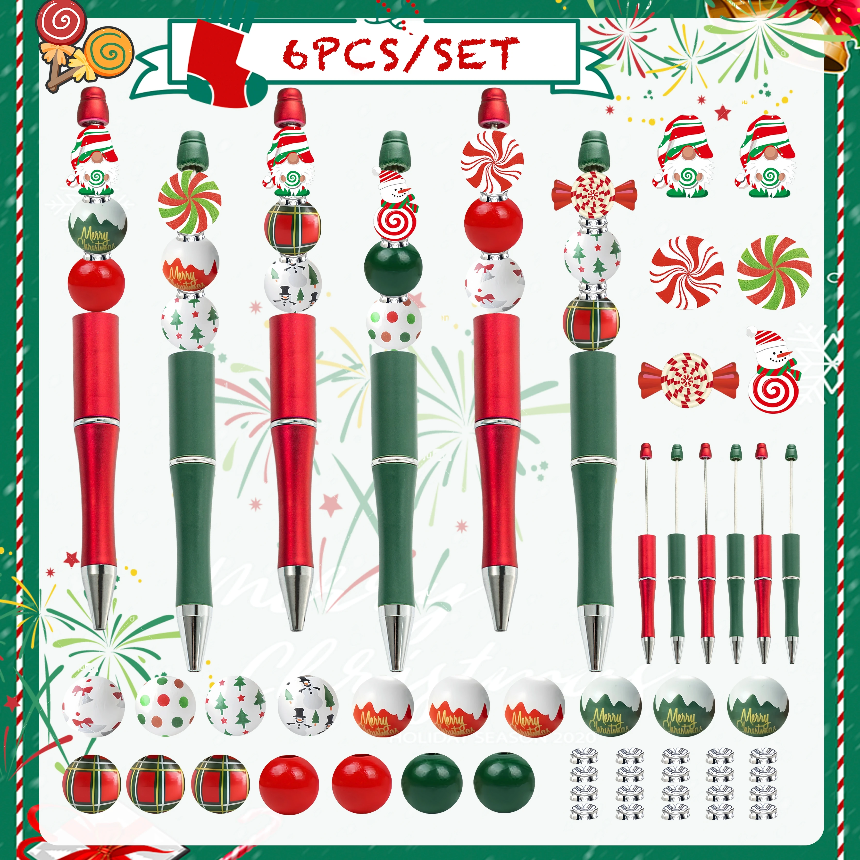 

6PCS Christmas DIY Bead Pens Kit with Beads, Red Green Snowman Candy Theme Craft Art Supplies for DIY Enthusiasts