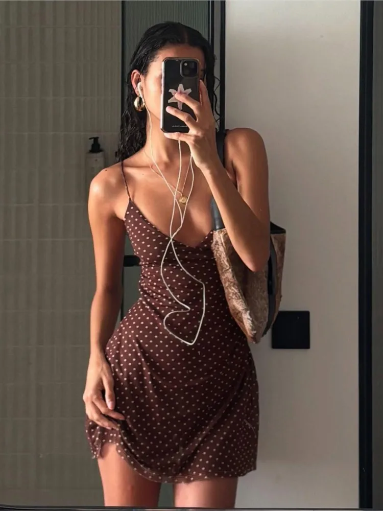 Sexy Dresses For Woman Polka Dot Print Contrast V-neck A-line Dress Suspender Backless Vestidos Simple Style Temperament Trendy
