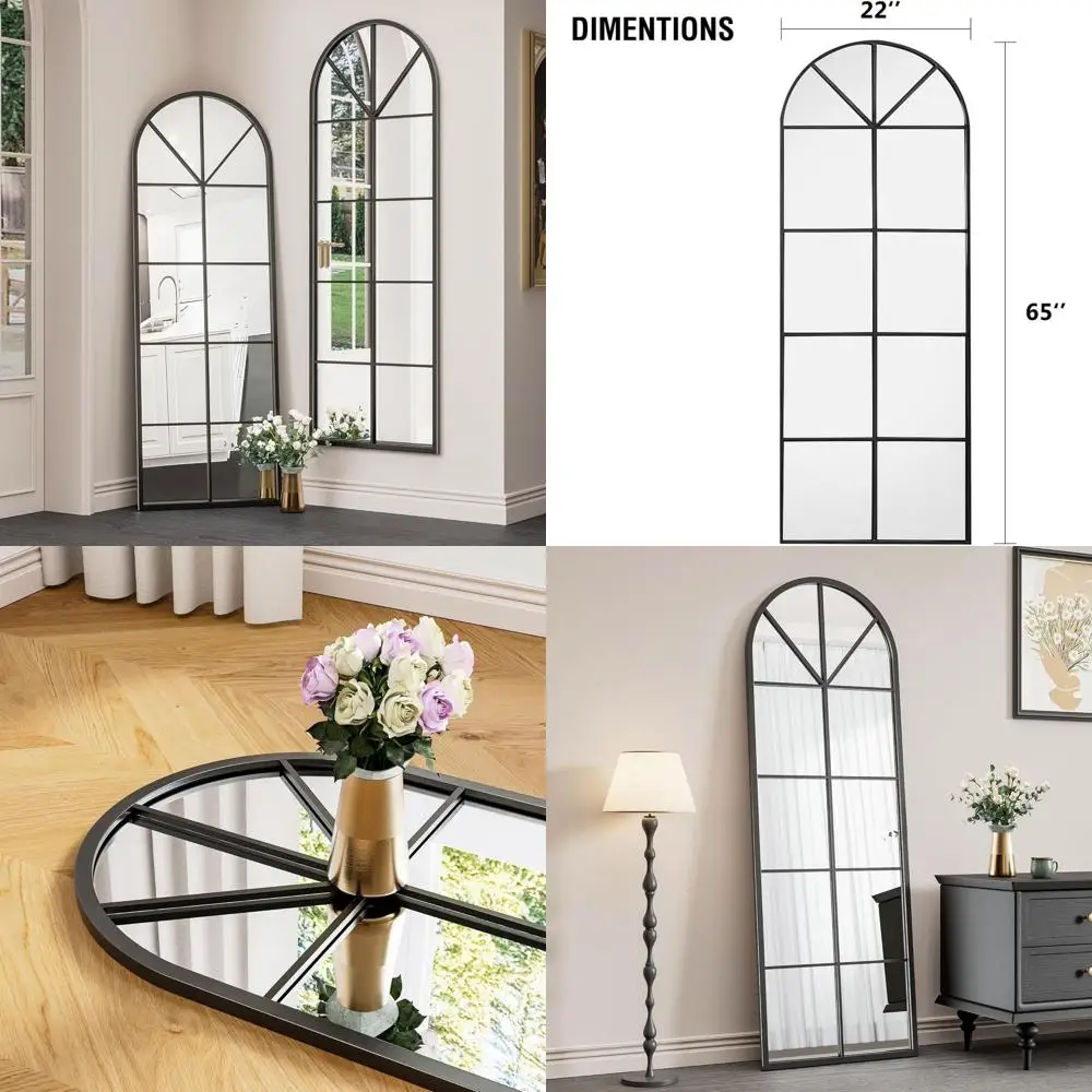 65 Arched Floor Mirror with Window Pane Design, Black Iron Frame for Home Decor