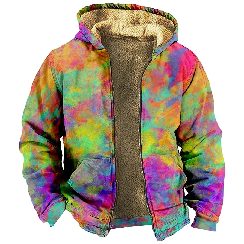 Winter Coats For Men Women Tie Dye Hoodie Long Sleeve Stand Collar Zipper Sweatshirt Fashion Clothes 2024