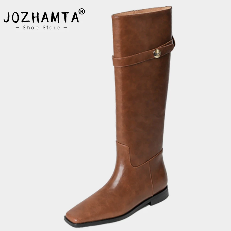 

JOZHAMTA Size 33-40 Knee Boots For Women Vintage Real Leather Wide Calf Chunky Heels Shoes Winter 2024 Casual Office Daily Dress