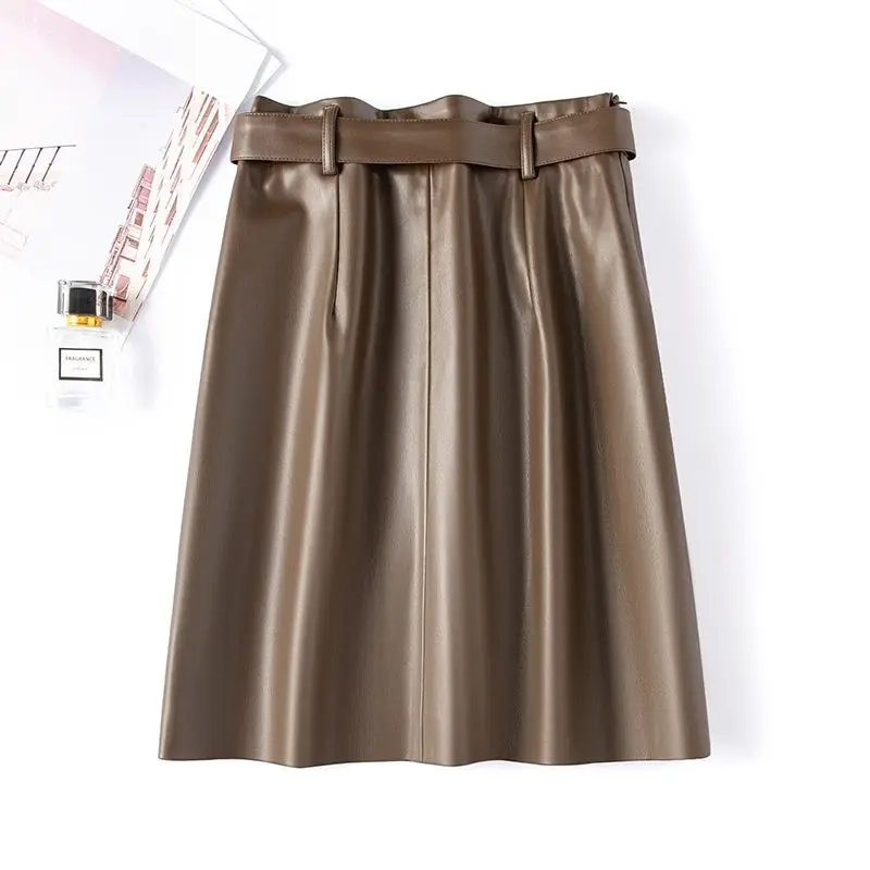 

High waist slimming short skirt women autumn and winter new high waist versatile fashionable pocket leather skirt with belt
