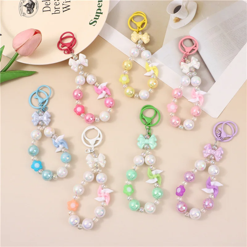 Candy-colored Pearl Bow Phone Chain Anti-loss Bracelet Phone Case Wristband CCD Lanyard Keychain Bag Pendant