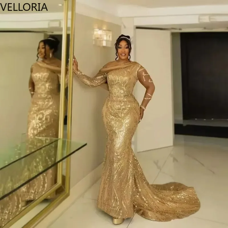 

Золотое вышитое вечернее платье русалки Aso Ebi с открытыми плечами и длинными рукавами, платье для выпускного вечера, роскошное вечернее платье по индивидуальному заказу