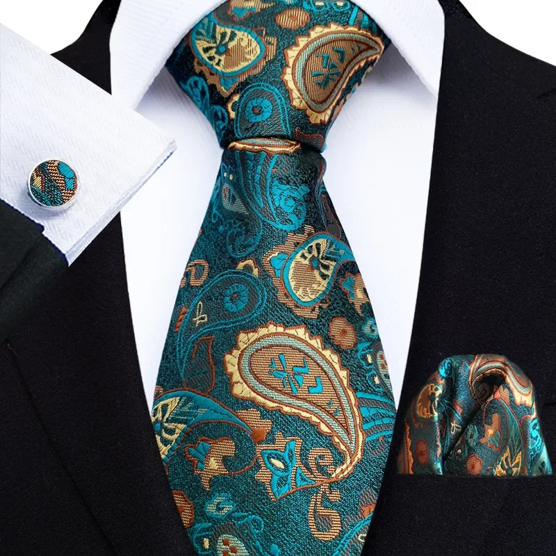 Luxury Mens Ties Floral Black Gold Ties Paisley Grid NeckTie Pocket Square Cufflinks Set Men\'s Wedding Party Tie